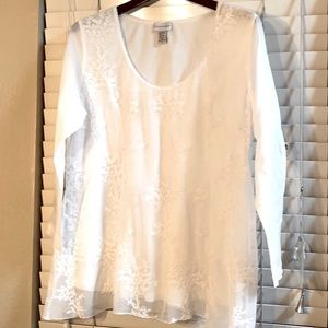 Soft Surroundings White Lace lined Scoop Neck Long Sleeve Top